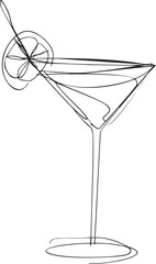 Martini glass sketch hand drawn with lemon garnish, minimalist line art. Vector illustration