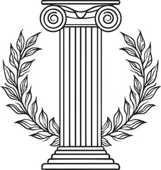 Ionic column sketch with laurel wreath, hand drawn classical architecture motif. Vector illustration