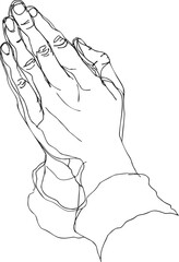Praying hands sketch, hand drawn line art with detailed fingers and sleeves. Vector illustration