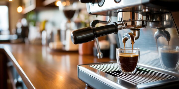 Espresso machine Brewing: A close-up shot captures the meticulous process of making a coffee, as the espresso machine expertly brews a rich, dark beverage, revealing the dedication to the craft.