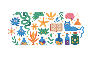 Naklejka premium Whimsical Flat-Style Illustration Featuring Science, Nature, and Cute Animals.