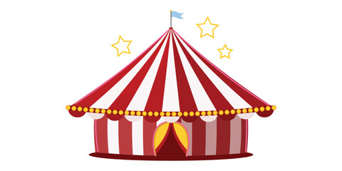 Classic circus marquee tent vector, red white stripes, entrance with yellow lights, festive carnival show, fun family icon.