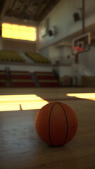 Naklejka premium A basketball lays still on the wooden basketball court floor of an empty college gym.