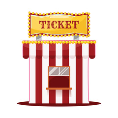 Vector striped ticket office, circus theme, red white stall, yellow signboard, show entrance icon, carnival ticket vendor