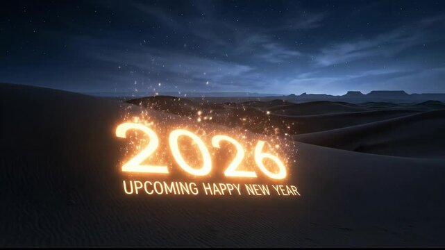 Glowing orange numerals 2026 illuminate sand dunes under a clear starry night, evoking hopeful new year beginnings, future possibilities and serene desert celebration