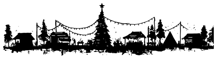 Panoramic Christmas market village silhouette with stalls and decorated tree vector illustration sketch style winter fair background