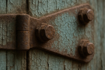 Rusty Door Hinge On Weathered Turquoise Wooden Planks