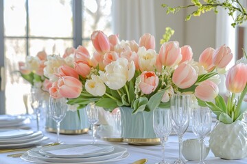 A beautifully decorated table set for a special occasion, featuring a centerpiece of pink and white tulips in elegant vases, surrounded by white plates, gold cutlery, and crystal glasses.