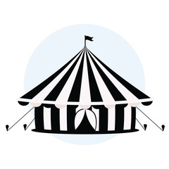 Outline vector circus tent, black white design, simple striped festival icon, minimal drawing, big top, flag, blue circle.