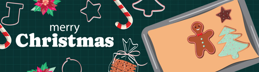 Merry Christmas banner, vector style, gingerbread cookies illustration, festive bakery design, sweet holiday decorated tray, stars.