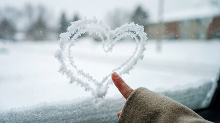 Winter heart drawn on frosted glass with a gentle touch of love.