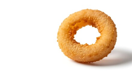 Golden Fried Onion Ring on White Background Crispy Snack with Light Shadow