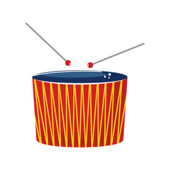 Vector drum with drumsticks, circus theme, red yellow stripes, cartoon music instrument, percussion toy for children