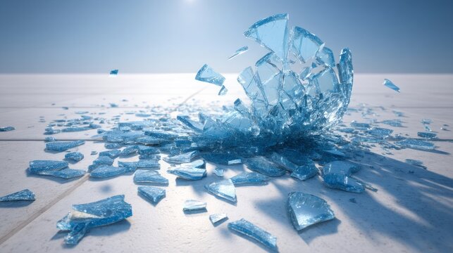 A broken glass with blue shards scattered on a white surface. Concept of fragility and destruction, as the broken glass represents something that has been shattered and lost