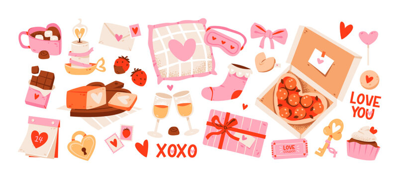 Cute Valentine Day elements set with sweets and love gifts. Wedding and love concept. Flat vector set with romantic icons in soft pink and red tones.