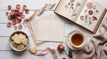 Cozy valentine flat lay mockup with blank cards, cookies, tea and dried flowers.