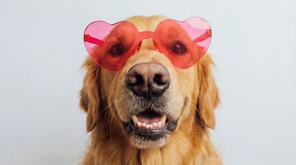 Adorable Golden Retriever Wearing Heart-Shaped Pink Sunglasses on a Light Background for Valentine celebration theme.