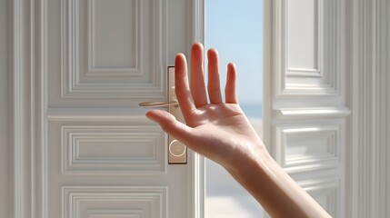 A human hand extends towards a partially open intricately designed white door with a bright outdoor vista visible through the inviting gap suggesting a transition or new beginning