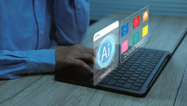Technology AI interface displayed above laptop person works, showing digital icons for data processing, automation, innovation,Concept artificial intelligence tools and modern tech solutions