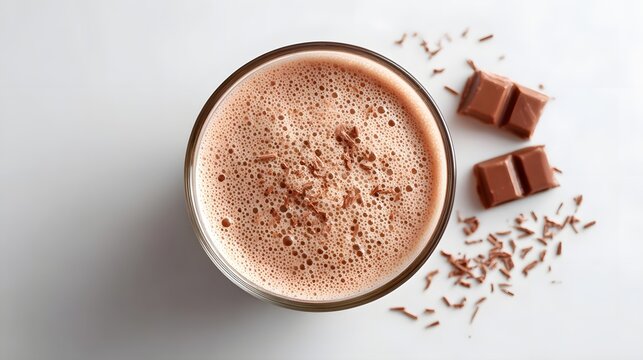 Overhead view of a frothy chocolate milk beverage in a clear glass garnished with cocoa shavings and accompanied by two milk chocolate bar segments highlighting a sweet indulgence