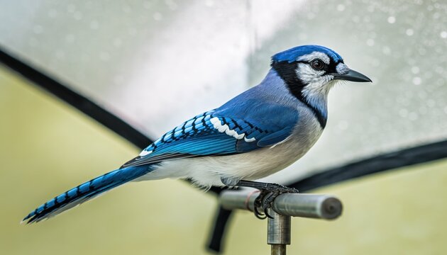 A vibrant blue jay with striking black and white markings perches on a metal rod, its brilliant blue feathers contrasting against a softly blurred background, suggesting a moment of peaceful