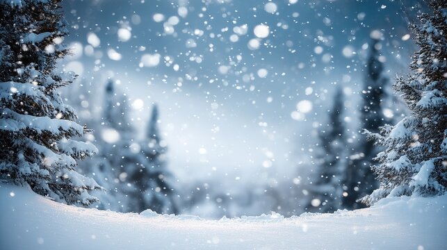 Beautiful snow-covered winter landscape with falling snowflakes, blurred trees and hills draped in white snow, evoking a serene, magical and peaceful cold season atmosphere.