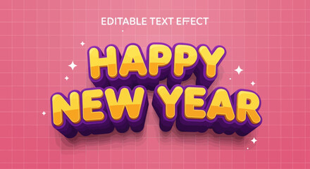 Vibrant 'Happy New Year' greeting in a playful 3D cartoon text effect with yellow and purple colors on a pink grid background, featuring subtle sparkles.