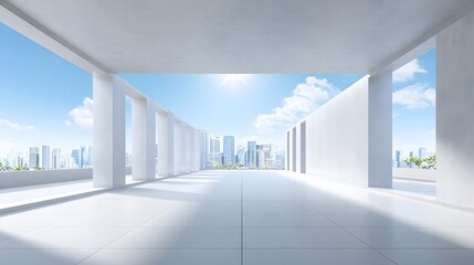 Obraz premium Spacious and minimalist white concrete terrace overlooking a vibrant modern city skyline bathed in bright sunlight against a clear blue sky with scattered clouds
