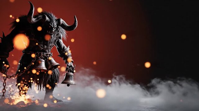 Krampusnacht banner video, Krampusnacht theme, shadowed Krampus silhouette with horns holding bells and chains