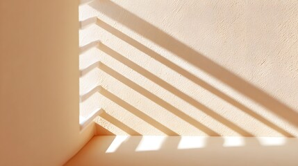Abstract geometric shadows cast by parallel lines create a linear striped pattern on a textured off white wall and floor evoking modern interior design and soft warm lighting