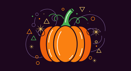 Abstract design featuring a vibrant orange pumpkin with a green stem, surrounded by colorful geometric shapes, stars, and swirls on a dark background.