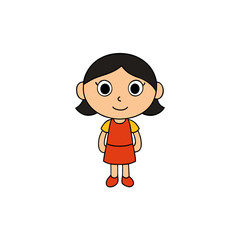 Cute cartoon girl with black hair and red dress isolated on white background