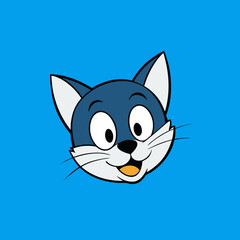Cartoon blue cat face with big eyes and smiling mouth isolated on white background