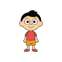 Cartoon boy with black hair wearing a red shirt and orange shorts isolated on white background