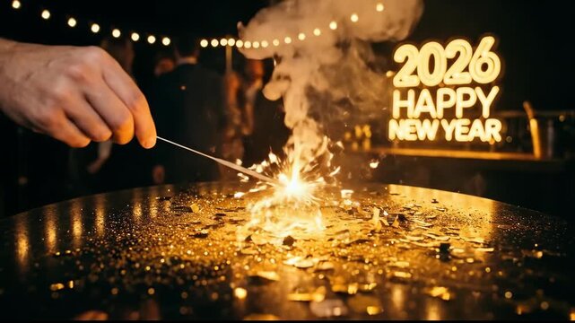 Hand holding a lit sparkler over a dark table creating bright golden sparks and scattered glitter, with a blurred 2026 happy new year neon sign and people partying in the background