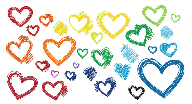 Colorful hand-drawn hearts and scribbles in a vibrant rainbow pattern, representing love, joy, and diversity on a white background. - Powered by Adobe
