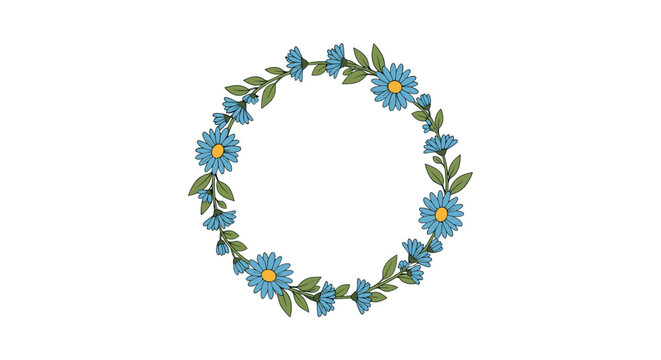 A beautiful hand-drawn floral wreath featuring vibrant blue daisy-like flowers and green leaves, perfect for spring and summer designs on a white background. - Powered by Adobe