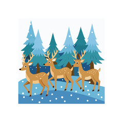 Three cartoon deer walking through a snowy forest scene isolated on white background