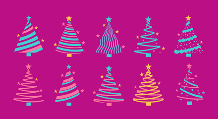 Vibrant collection of abstract Christmas tree illustrations in various designs and colors, adorned with stars, set against a bold magenta background.