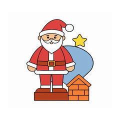 Cartoon santa claus with gift bag and chimney isolated on white background