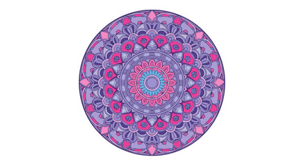 Colorful mandala art illustration with intricate floral and geometric patterns in shades of purple, pink, and blue, symbolizing meditation.