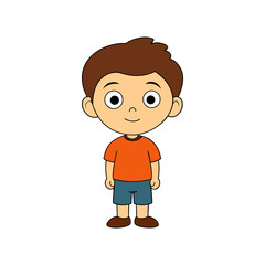 Cute cartoon boy with brown hair wearing an orange shirt and blue shorts isolated on white background