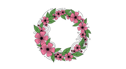A vibrant pink floral wreath illustration with green leaves and subtle abstract geometric shapes on a white background, perfect for decorative designs.