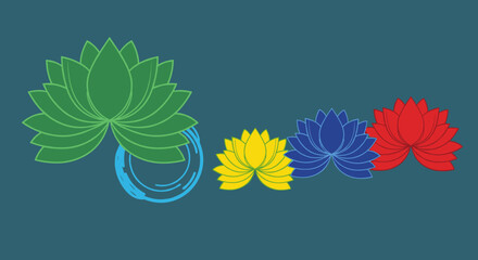 Elegant illustration of green, yellow, blue, and red lotus blossoms floating on water with subtle ripples, representing peace and purity.