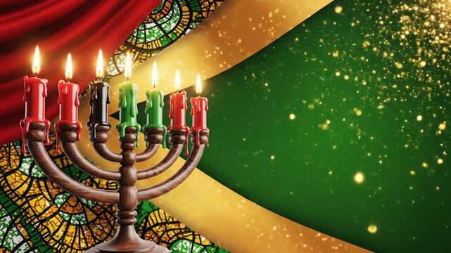 Kwanzaa banner video, Kwanzaa theme, glowing kinara with seven candles flickering gently, African textile patterns softly animated in background