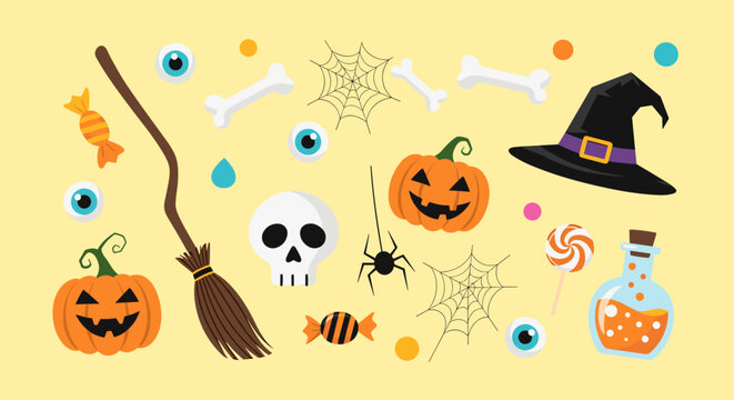 A cheerful and festive Halloween illustration set featuring various spooky and sweet elements like pumpkins, a witch's hat, broom, skull, spider, and treats.