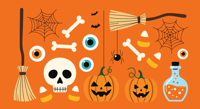 A vibrant collection of classic Halloween symbols and spooky elements, perfect for celebrating the fun and fright of the season.