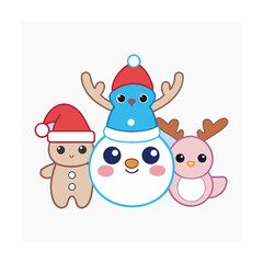 Cute christmas characters gingerbread man snowman and bird isolated on white background