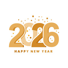 Golden 2026 happy new year text with confetti isolated on white background