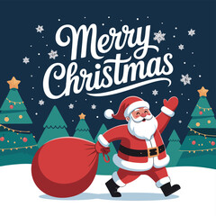 Merry Christmas greeting card illustration with Santa Claus, gold decoration, snow, and a new year celebration border design © Naima